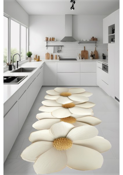 Dijital Baskı Beyaz Çiçek Desen Lazer Kesim Dekoratif Makinada Yıkanabilir Salon Koridor Yolluk Halı