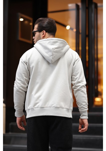 Içi Peluş Üç Ip Kumaş Oversize Fermuarlı Kapüşonlu Sweatshirt- Mineral Gri