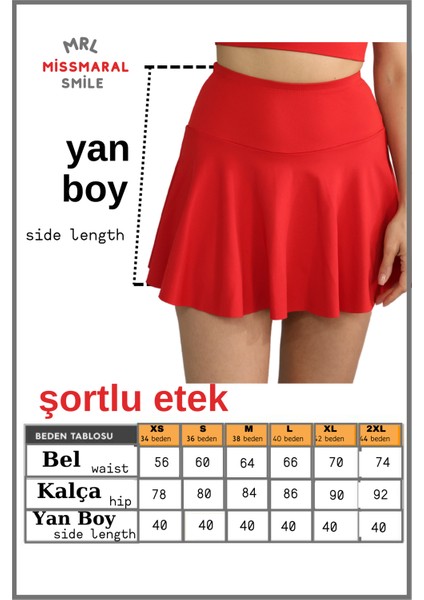 Miss Maral Kırmızı  Etek Içi Sabit Şortlu Yüksek Bel  Skirt With Shorts Casual+Beachwear+Tennis 1101