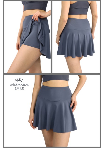 Antrasit / Füme Etek Içi Sabit Şortlu Yüksek Bel Skirt With Shorts Casual+Beachwear+Tennis 1101