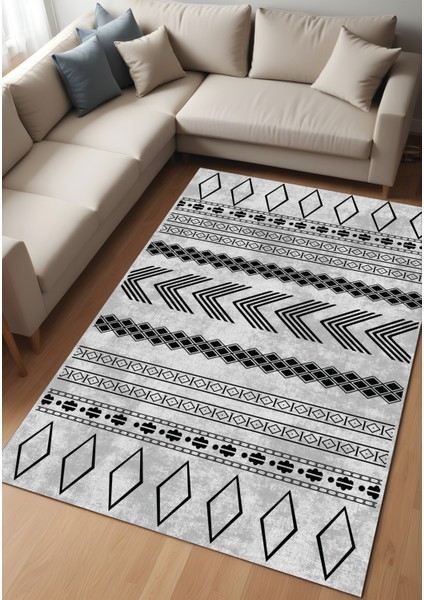 Dijital Baskı Gri Siyah Motif Iskandinav Dekoratif Makinada Yıkanabilir Salon Mutfak ve Yolluk Halı