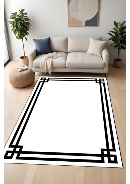 Dijital Baskı Beyaz Zemin Siyah Çerçeveli Dekoratif Makinada Yıkanabilir Yolluk ve Salon Halısı
