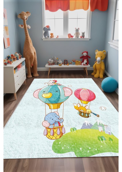 Dijital Baskı Fil Balon Doğa Temalı Dekoratif Makinada Yıkanabilir Bebek ve Çocuk Halı