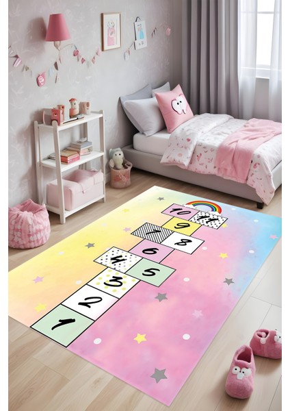 Dijital Baskı Seksekli Rengarenk Yıldızlı Desenli Makinada Yıkanabilir Çocuk Halısı Genç Halısı
