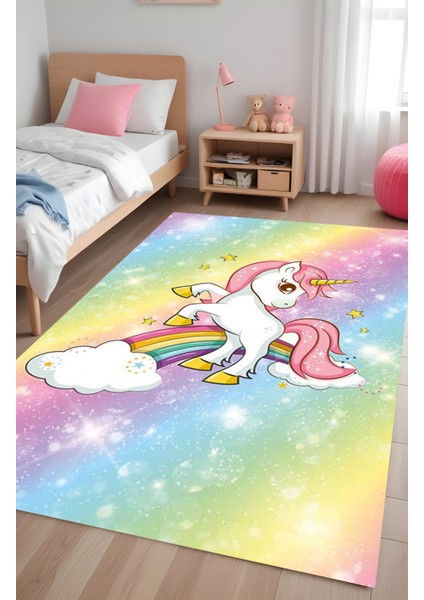 Dijital Baskı Unicorn Gökkuşağı Desen Rengarenk Makinada Yıkanabilir Çocuk Halısı Genç Halısı