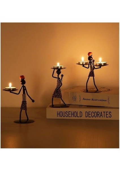 Afrikalı Kadın Tasarımlı Tealight Metal Mumluk Dekoratif Şık Hediyelik Üçlü Set