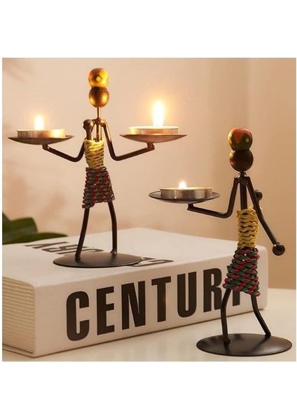 Afrikalı Kadın Tasarımlı Tealight Metal Mumluk Dekoratif Şık Hediyelik Üçlü Set