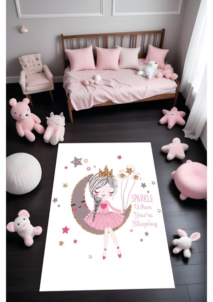 Dijital Baskı Ay Üzerinde Oturan Kız Desenli Dekoratif Makinada Yıkanabilir Çocuk Halısı Genç Halısı