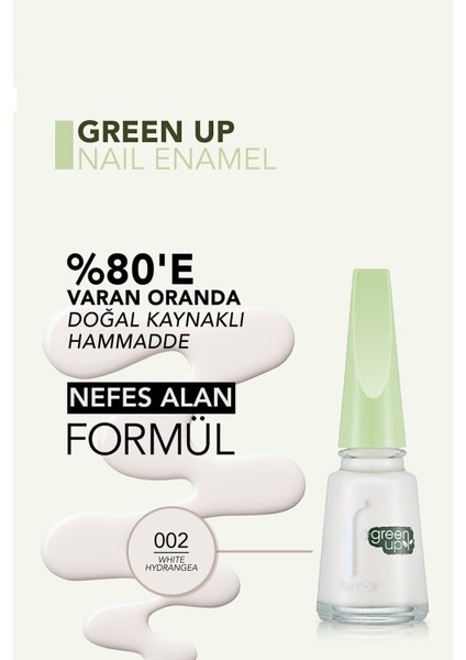 Green Up Vegan Formüllü Yoğun Renk Veren Parlak Oje (002 White Hydrangea) 4251903323994