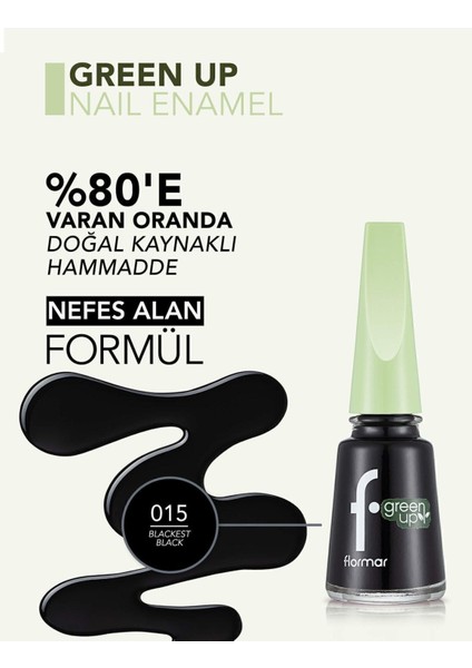 Green Up Vegan Formüllü Yoğun Renk Veren Parlak Oje (015 Blackest Black) 4251903324120