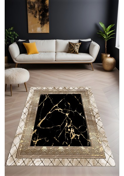 Dijital Baskı Siyah Gold Mermer Desen Çerçeveli Dekoratif Makinada Yıkanabilir Salon Yolluk Halısı