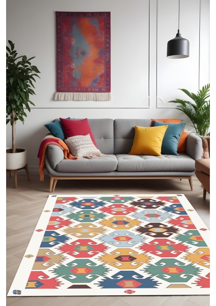 Dijital Baskı Renkli Otantik Kilim Desen Dekoratif Makinada Yıkanabilir Salon Koridor Yolluk Halısı