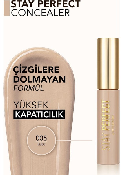 Stay Perfect Yüksek Pigmentli & Yarı Mat Bitişli Likit Kapatıcı (005 Beige) 8682536085526