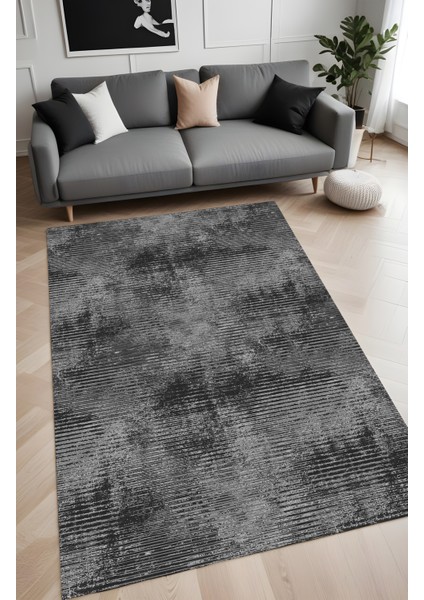 Dijital Baskı Modern Tarz Şerit Desenli Siyah Dekoratif Makinada Yıkanabilir Salon ve Yolluk Halısı