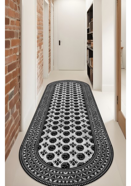 Dijital Baskı Siyah Beyaz Rustik Oval Dekoratif Makinada Yıkanabilir Salon ve Yolluk Halısı