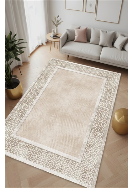 Dijital Baskı Etnik Desen Krem Renk Çerçeveli Dekoratif Makinada Yıkanabilir Salon ve Yolluk Halısı