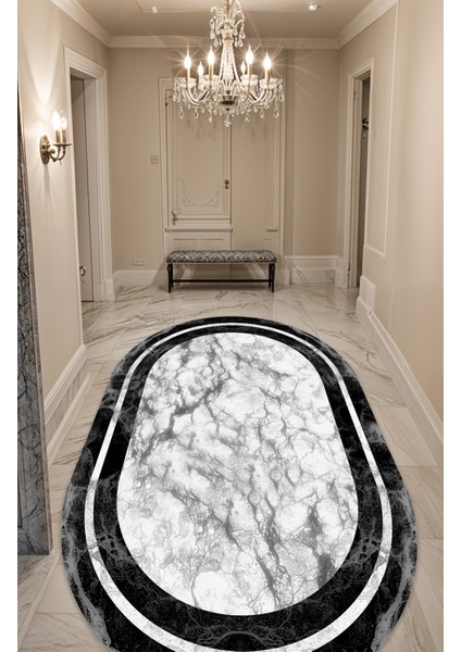 Dijital Baskı Gri Mermer Siyah Çerçeveli Oval Dekoratif Makinada Yıkanabilir Salon Yolluk Halısı