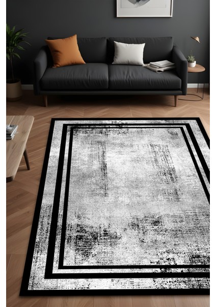 Dijital Baskı Siyah Çerçeveli Gri Renkli Modern Dekoratif Makinada Yıkanabilir Salon Yolluk Halısı