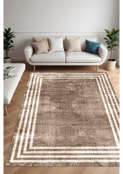 Dijital Baskı Kahve Beyaz Çerçeveli Dekoratif Makinada Yıkanabilir Salon Mutfak ve Yolluk Halı