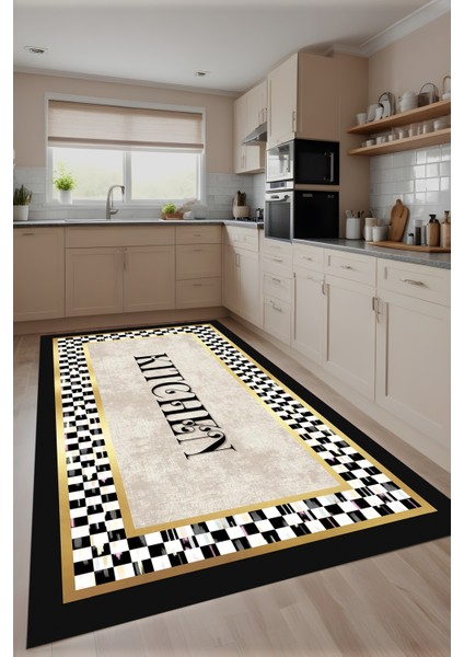 Dijital Baskı Kitchen Yazılı Dama Çerçeveli Dekoratif Modern Makinada Yıkanabilir Mutfak Halısı