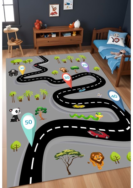Dijital Baskı Yol Doğa Hayvan Figürlü Dekoratif Makinada Yıkanabilir Bebek ve Çocuk Halı