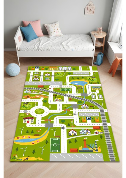 Dijital Baskı Yol ve Şehir Desen Hayvan Figürlü Kaymaz Taban Makinada Yıkanabilir Çocuk Odası Halısı