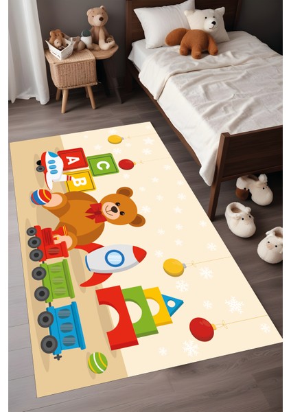 Dijital Baskı Ayı Figürlü Yıldız Desen Dekoratif Makinada Yıkanabilir Bebek ve Çocuk Halı