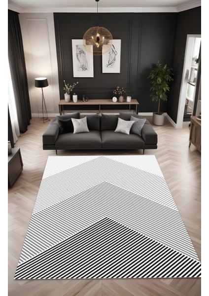 Dijital Baskı Simetrik Çizgili Modern Dekoratif Makinada Yıkanabilir Salon Halısı Yolluk Halısı