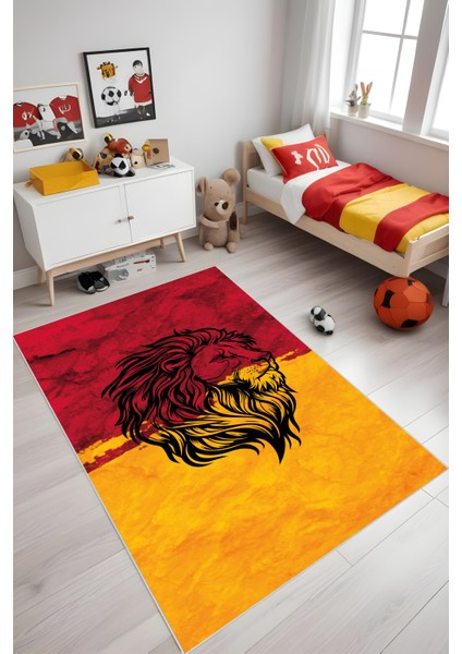 Dijital Baskı Sarı Kırmızı Aslanlı Halı Makinada Yıkanabilir Genç Odası Taraftar Halısı