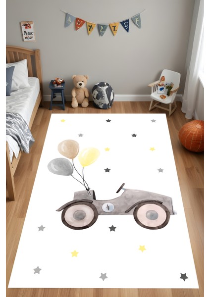 Dijital Baskı Araba Balon ve Yıldız Desen Sade Makinada Yıkanabilir Çocuk Halısı Genç Halısı