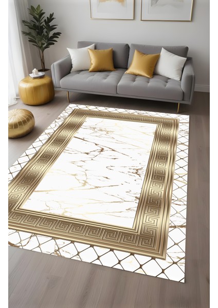 Dijital Baskı Mermer Desen File Çerçeveli Gold Dekoratif Makinada Yıkanabilir Salon ve Yolluk Halısı