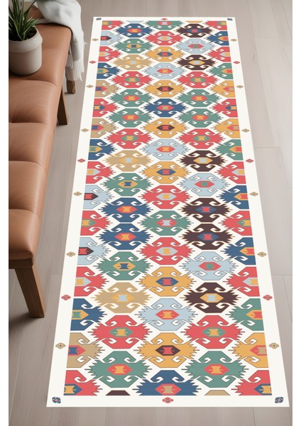 Dijital Baskı Renkli Otantik Kilim Desen Dekoratif Makinada Yıkanabilir Salon Koridor Yolluk Halısı