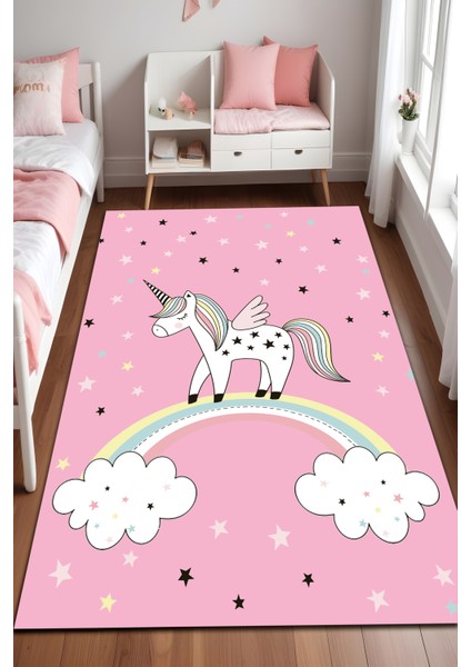Dijital Baskı Pembe Unicorn Yıldız Desenli Dekoratif Makinada Yıkanabilir Çocuk Halısı
