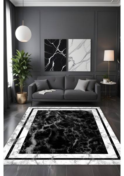 Dijital Baskı Gri Mermer Desen Beyaz Çerçeveli Dekoratif Makinada Yıkanabilir Salon Yolluk Halısı