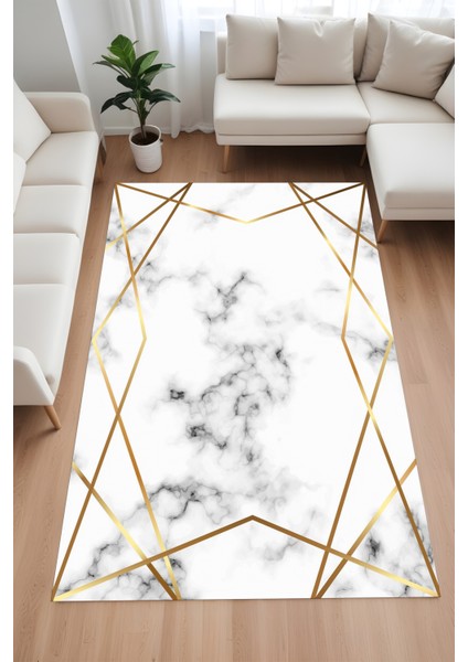 Dijital Baskı Mermer Desen Gold Zikzak Çerçeve Dekoratif Makinada Yıkanabilir Yolluk ve Salon Halısı