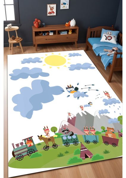 Dijital Baskı Bulutlu Doğa ve Hayvan Figürlü Kaymaz Taban Makinada Yıkanabilir Çocuk Odası Halısı