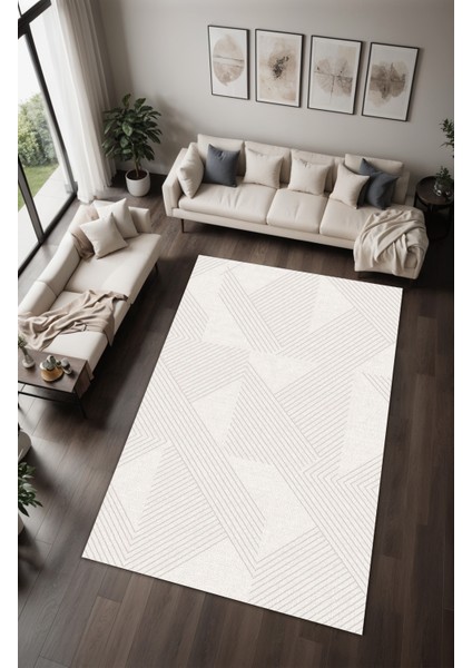 Dijital Baskı Sade Bej Gri Çizgili Modern Dekoratif Makinada Yıkanabilir Salon Halısı Yolluk Halısı