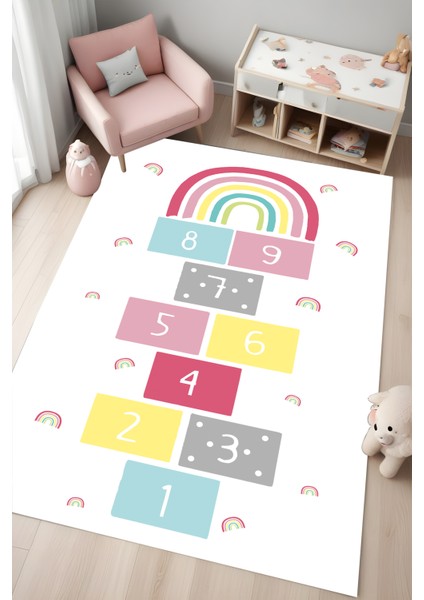 Dijital Baskı Seksekli Gökkuşağı Desenli Kaymaz Taban Makinada Yıkanabilir Çocuk Odası Halısı