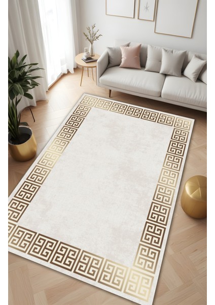 Dijital Baskı Sade Gold Çerçeveli Klasik Dekoratif Makinada Yıkanabilir Salon ve Yolluk Halısı