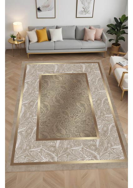 Dijital Baskı Floral Desenli Gold Çerçeveli Dekoratif Makinada Yıkanabilir Salon ve Yolluk Halısı