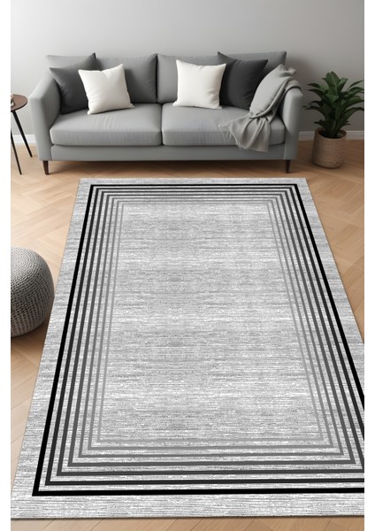 Dijital Baskı Gri Desen Geçişli Çerçeveli Dekoratif Makinada Yıkanabilir Salon Yolluk Halısı