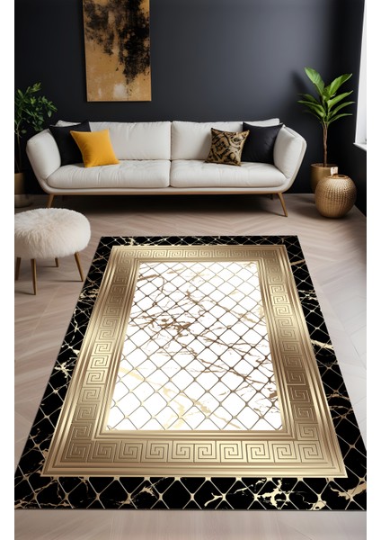 Dijital Baskı File Desen Gold Siyah Çerçeveli Dekoratif Makinada Yıkanabilir Salon ve Yolluk Halısı