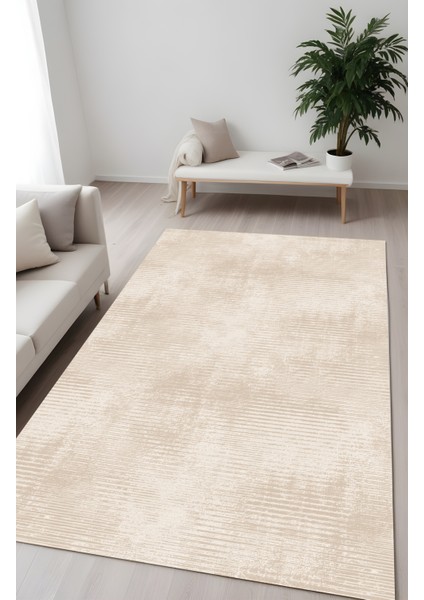 Dijital Baskı Modern Tarzda Şerit Desenli Bej Dekoratif Makinada Yıkanabilir Salon ve Yolluk Halısı