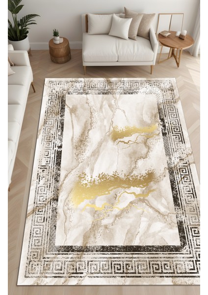 Dijital Baskı Mermer Desen Modern Çerçeveli Dekoratif Makinada Yıkanabilir Salon Yolluk Halısı