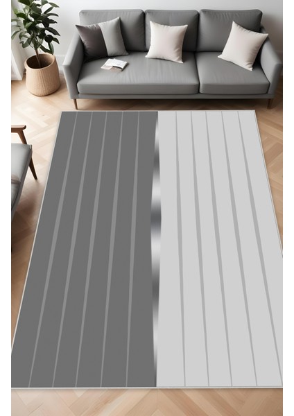 Dijital Baskı Gri Geometrik Paralel Çizgili Dekoratif Makinada Yıkanabilir Yolluk ve Salon Halısı