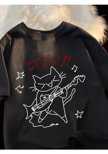 Music Is My Life Siyah Oversize T-Shirt