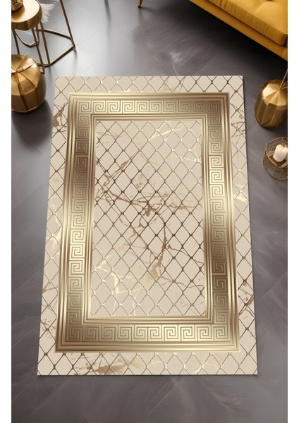 Dijital Baskı File Desen Gold Çerçeveli Dekoratif Makinada Yıkanabilir Salon ve Yolluk Halısı