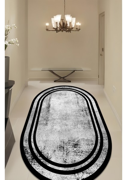 Dijital Baskı Siyah Çerçeveli Gri Oval Modern Dekoratif Makinada Yıkanabilir Salon Yolluk Halısı