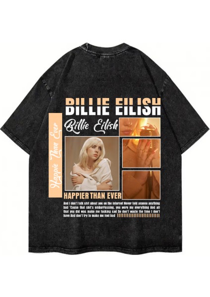 Yıkamalı Billie Eilish Baskılı Oversize Vintage T-Shirt