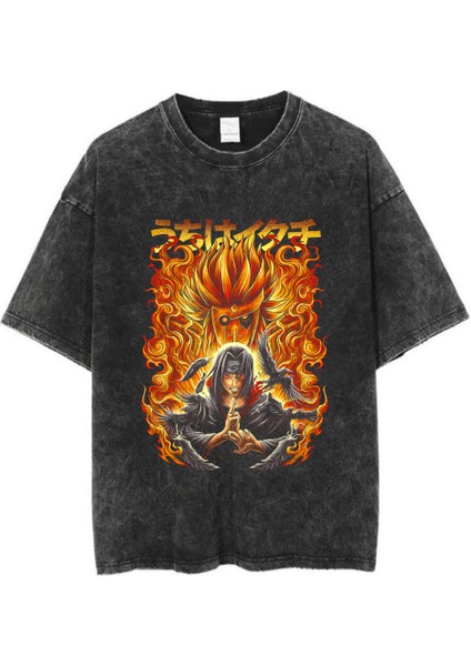 Yıkamalı Anime Naruto Itachi Baskılı Oversize Vintage T-Shirt